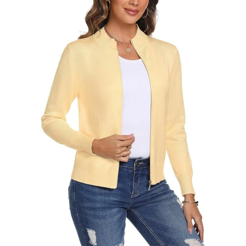 Womens Knit Zip Up Sweater Cardigan Lightweight Casual Long Sleeve